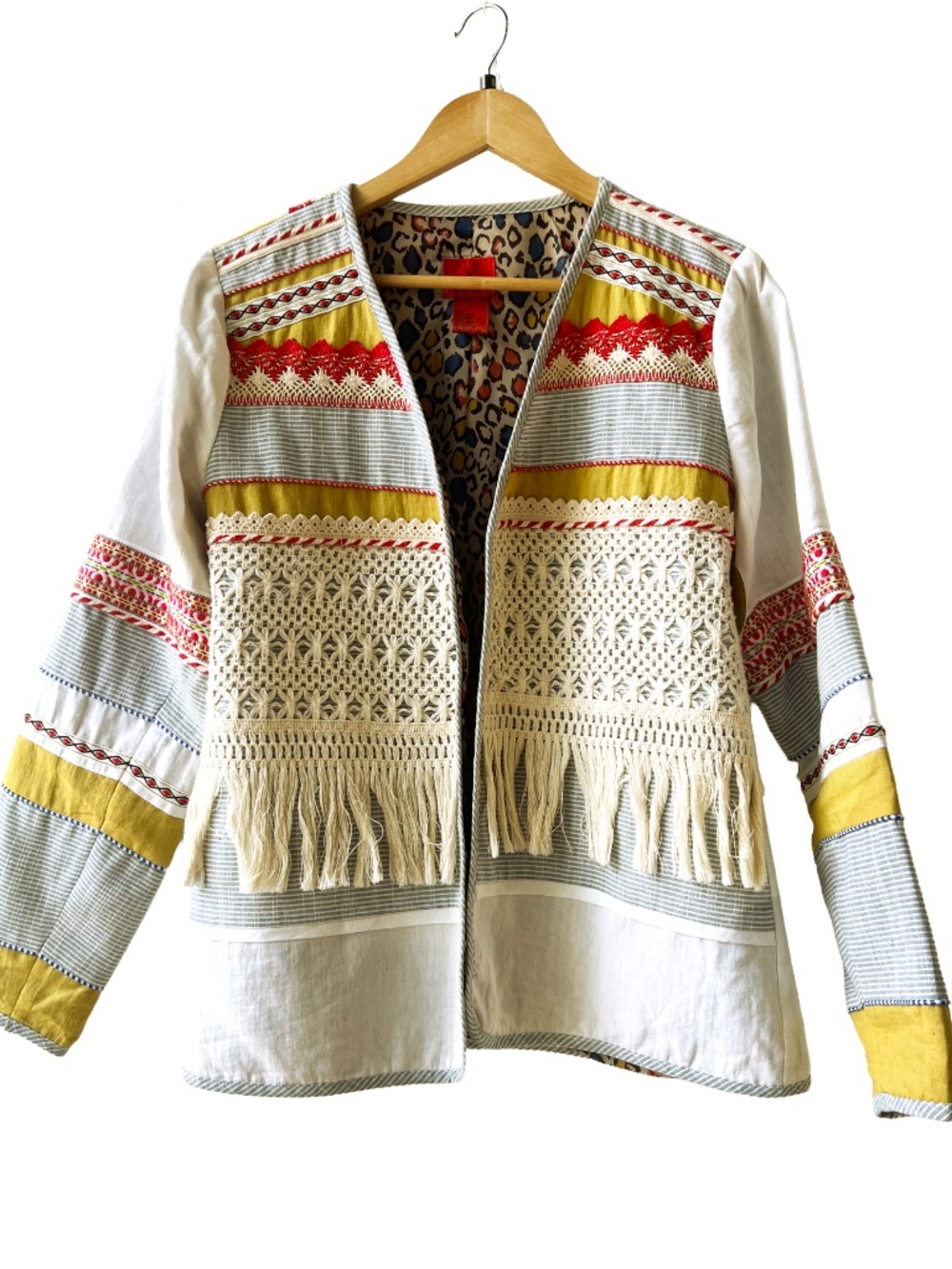 Vintage Boho Style Linen Jacket with Crochet Fringe / M
